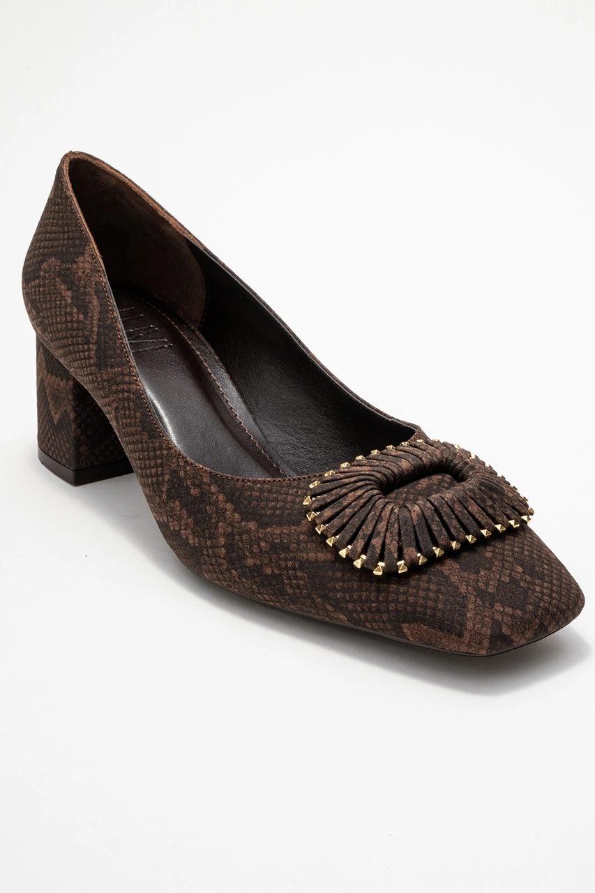 Luvishoes Luvi Shoes Velora Kahverengi Desenli Tokalı Kadın Kalın Topuklu Ayakkabı Kahverengi