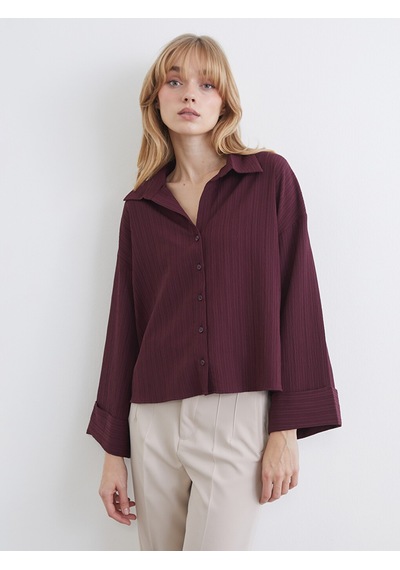 Lcw Vision Bordo Çizgili Oversize Kadın Gömlek