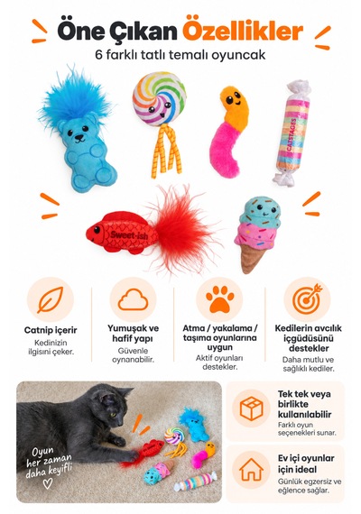 Petstages Kitty Sweet Treats Şekerleme Şeklinde Catnip'li Kedi Çiğneme Oyuncağı 6'lı Paket