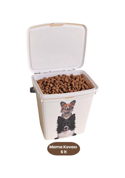 2 Li Evcil Hayvan Mama Kovası Seti, 2 Adet Kapaklı Kulplu Kedi Köpek Mama Saklama Kabı Kutusu 6lt