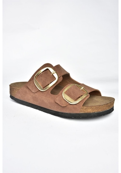 Fox Shoes P777517402 Taba Süet Çift Bantlı Kadın Terlik Taba
