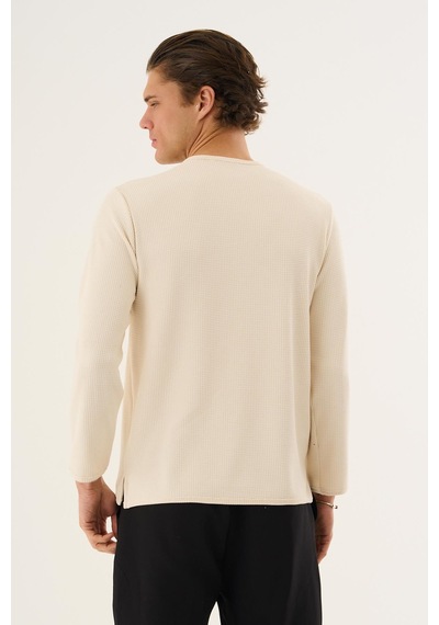 Waffle Kumaş Düğmeli Yaka Uzun Kollu Sweatshirt Ekru