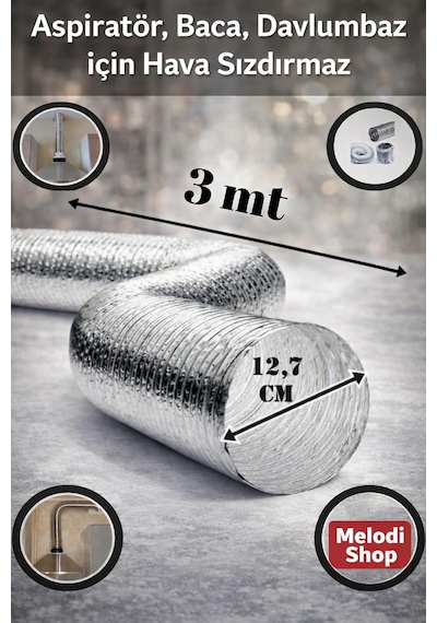 3 Metre 127 Mm Alüminyum Flex Aspiratör Borusu, Isıya Dayanıklı, Esnek Havalandırma Hortumu, Da