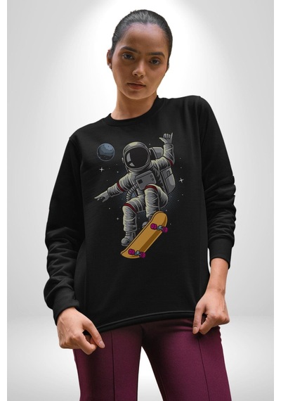 Atronot Kaykay Uzay Mars Unisex Siyah Baskılı Sweatshirt Siyah