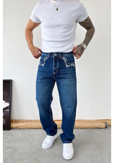Mavi Premium Nakış Detaylı Baggy Pantolon