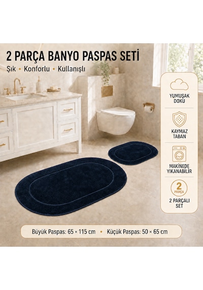 Rixos 2'li Banyo Halısı Paspası Seti Kaymaz Tabanlı Klozet Takımı Lacivert