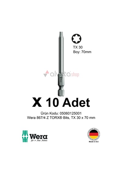 Alveta Wera 867/4 Z Torx Tx30 X 70mm Tornavida Ucu 10 Adet Torx Vidalama Bits Seti Uzun Seri