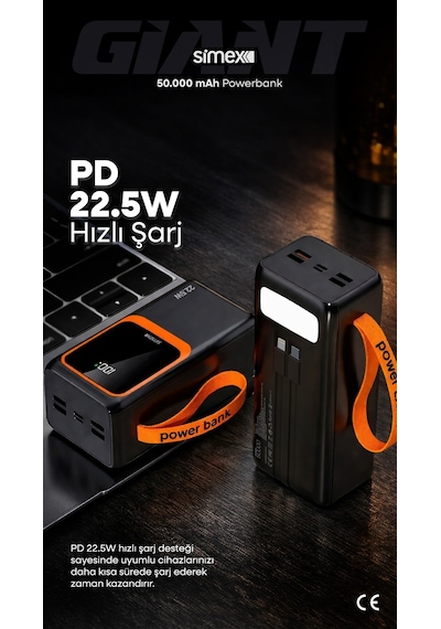 Simex 50.000 mAh 22.5W PD Hızlı Şarj Kablolu Powerbank Dijital Göstergeli Fenerli Taşınabilir Kamp Cihazı