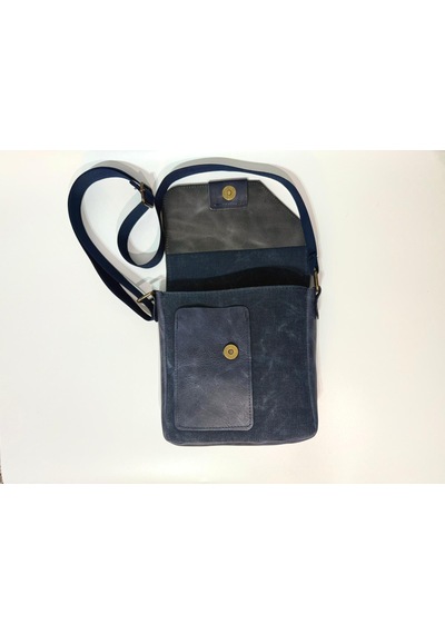 Natderi Hakiki Deri Ve Kanvas Omuz Çantası 20x21 Cm Ayarlanabilir Askılı, Ön Cepli Unisex Günlük Çanta Lacivert