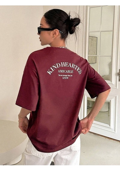 Flood Of Style Kadın Bordo Kind Hearted Baskılı Oversize T-shirt