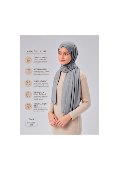 Sonbaharmoda Kız Çocuk Penye Şal, Viskon Likralı, 60x150 Cm, 10-12 Yaş, Tesettür Şal. Gri