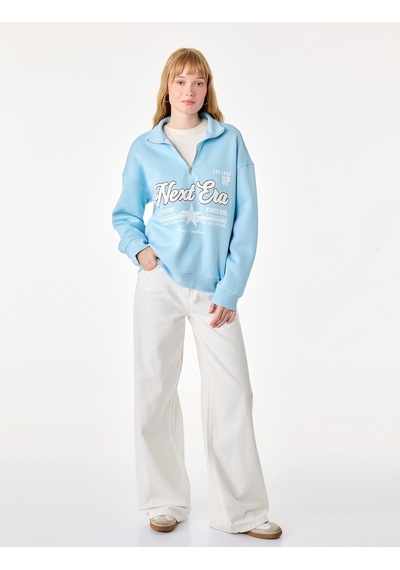 Koton Şardonlu Yarım Fermuarlı Dik Yaka Uzun Kollu Baskılı Sweatshirt Mavi 7wal10202ık