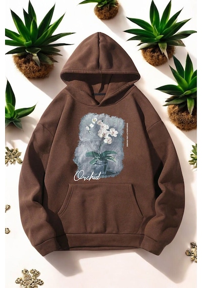 Uyguntarz Orkide Tuval Baskılı Unisex Oversize Sweatshirt Kahverengi