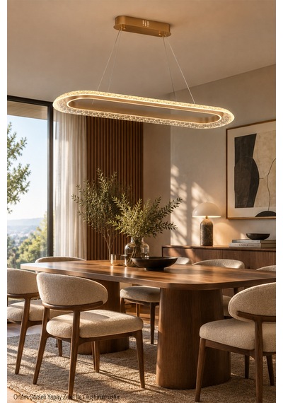 Atena Led Avize - Kristal Cam Efektli Oval Lüks Salon Ve Yemek Odası Aydınlatması Eskitme Eskitme