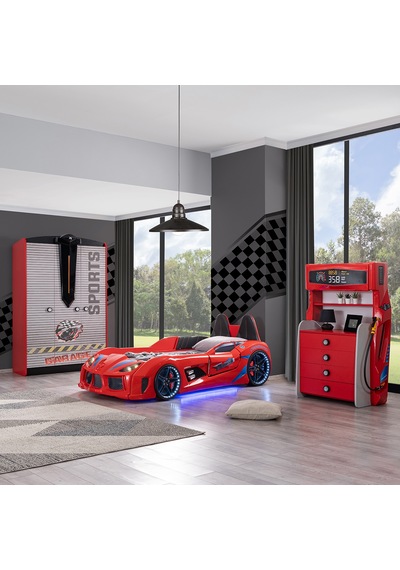 Setaymobilya Sports Çocuk Odası - Audi Arabalı Yatak, Dolap, Şifonyer -Kırmızı