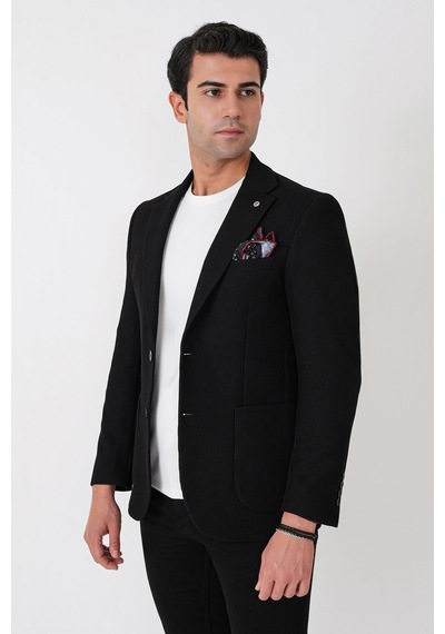 Slim Fit Torba Cepli Fitilli Dokuma Esnek Yünlü Siyah Ceket C 747