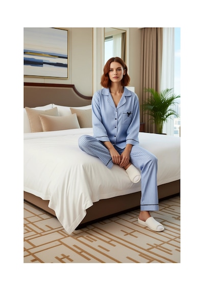 Ersefa Kadın Çizgili Gömlek Yaka Pijama Takımı Uzun Kollu Ev Giyimi Fonk mavi
