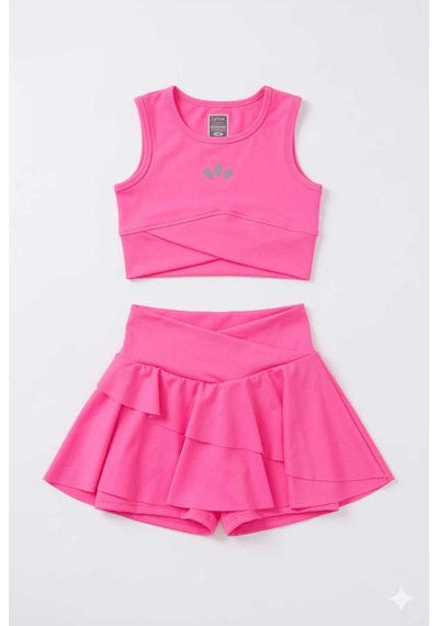 Beniizle Lyrax Kabartmalı Şort Etekli Crop Kız Çocuk Alt Üst Takım Pembe