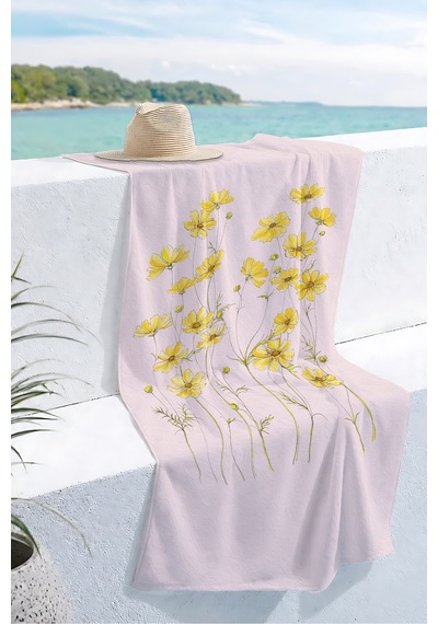 Pembe Zeminde Sarı Çiçek Temalı Plaj Havlusu - Bohem Pastel Floral Hızlı Kuruyan Mikrofiber Havlu Kül Rüyası
