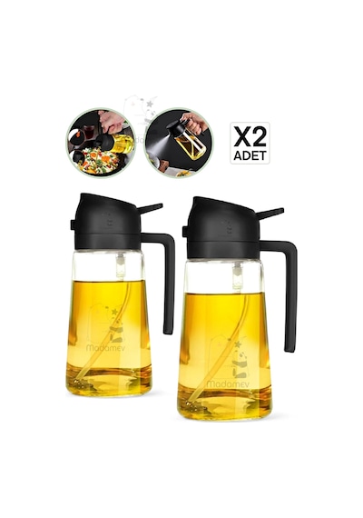 2li Çift Fonksiyonlu Cam Yağdanlık 550ml Zeytinyağı Sıvıyağ Şişesi Airfryer Sprey Yağlık Püskürtücü