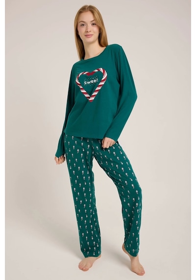 Yeşil Kalp Baskılı Kadın Yeşil Pijama Takımı Yeşil