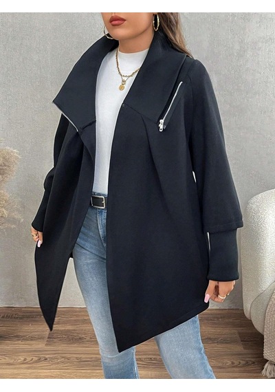 Siyah Kadın Asimetrik Kesim 3 İplik Şardonlu Sweat Ceket Fermuarlı Yaka, Cepli, Oversize Siyah
