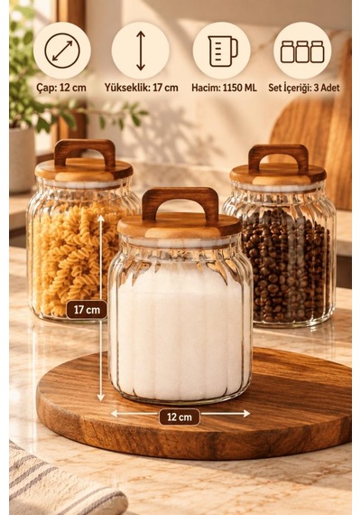 Atbyhome 3'lü Kulplu Ahşap Kapaklı Çizgili Borosilikat Cam Kavanoz Seti 1150ml - Vakumlu Büyük Boy Erzak Kabı Ahşap - Şeffaf