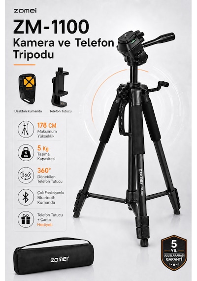 Zm-1100 Profesyonel Telefon/kamera Tripodu-360 Dönebilen Telefon Tutucu Ve Bluetooth Kumanda 178cm Maksimum Yükseklik