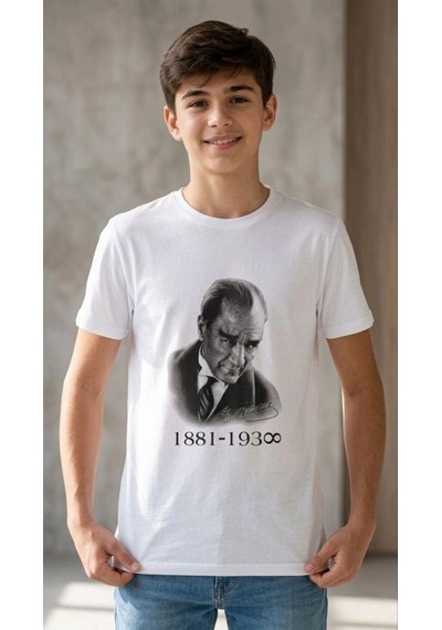 Vinevesta Erkek Çocuk Atatürk Baskılı Tişört Kısa Kollu Bisiklet Yaka T-shirt - Beyaz Çok Renkli