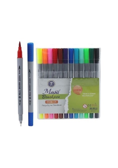 Brushpen Çift Uçlu Fırça Uç Ve Fineliner Uçlu 12 Renk Pvc Paket