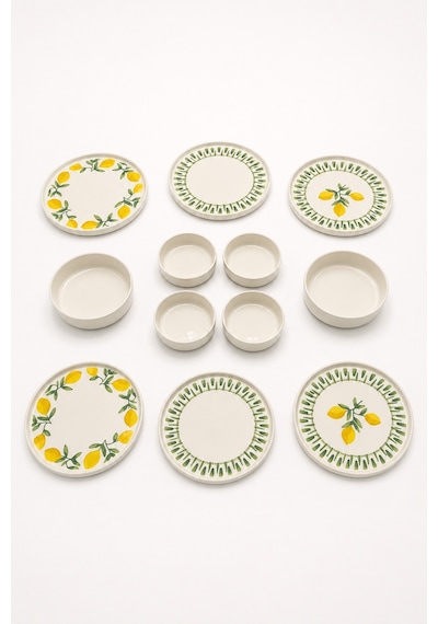 Yeşil Limon 12 Parça 6 Kişilik Handmade Stackable Seramik Tabak Seti Premium Sunum & Kahvaltı Takımı Beyaz
