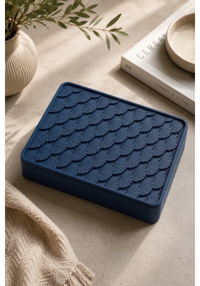 Desenli Kapaklı Dekoratif Kutu Masa Üstü Organizer Takı Aksesuar Saklama Kutusu Pla 20x12.5 Cm Lacivert