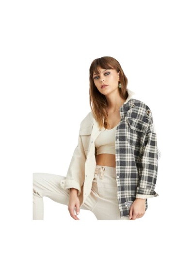 Esb Design Kadın Siyah-bej Ekose Boyfriend Oversize Eskitmeli Jeans Kot Ceket