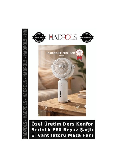 Özel Üretim Ders Konfor Serinlik F60 Beyaz Şarjlı El Vantilatörü Masa Fanı