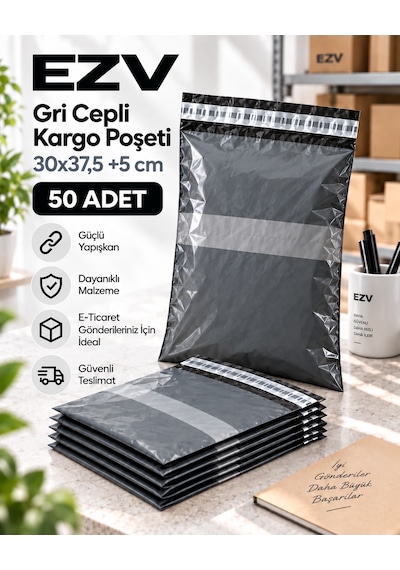 Gri Cepli Kargo Poşeti 30x37,5 +5 Cm 50 Adet