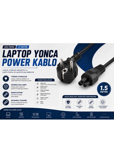 Laptop Yonca C5 Güç Kablosu 1.5 M 3 0.75 Mm²