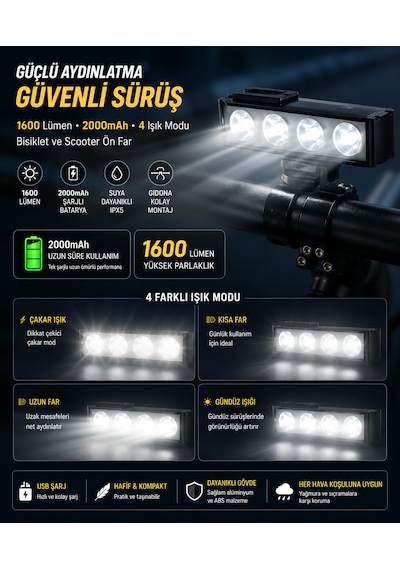 4 Led Mercekli Bisiklet Farı Elektrikli Scooter Ön Far Çakar Işık 2000 Mah Batarya 1600 Lm