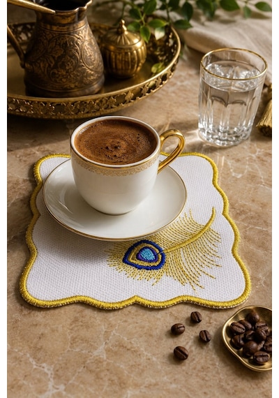 Gold Nakış İşlemeli 6'lı Kahve Yanı Sunum Peçetesi Çeyizlik Kahve Altı Sunum Peçetesi Tuvrena Gümüş