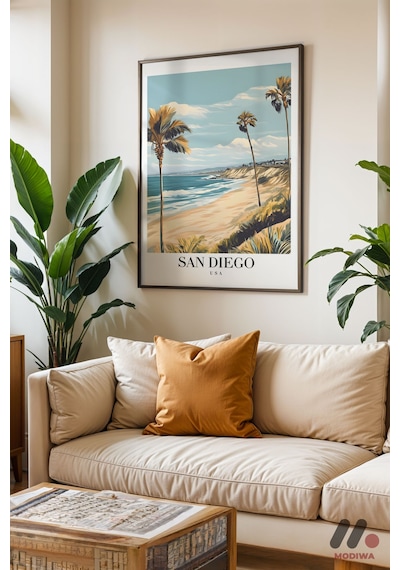 San Diego Sahil Posteri, Siyah Çerçeveli Duvar Tablosu - Seyahat Severlere Hediye