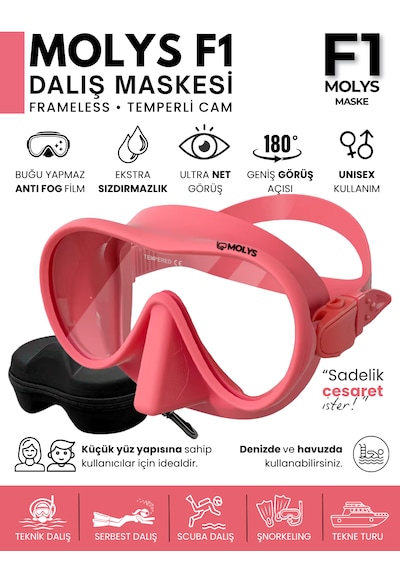 Molys F1 Pro Dalış Maskesi + Antı Fog Buğu Önleyici Film + Dalış Maskesi Kutusu Küçük Yüz Yapısı İçin İdeal Pembe