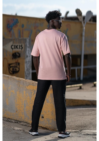 Bisiklet Yaka Lu Önü Baskılı Oversize Geniş Model T-Shirt Pembe