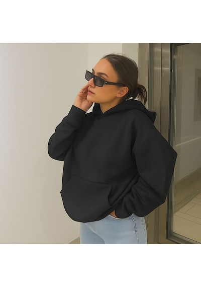 Benroma 3 İplik Penye Baskılı Ünisex Kapüşonlu Sweatshırt SIYAH