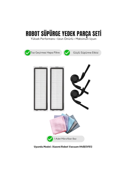Robot Vacuum H40 Ov51 İle Uyumlu 2 Yan Fırça 2 Filtre 1 Temizlik Bezi 9.0