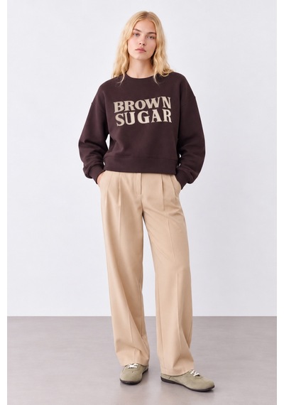 Quzu Brown Sugar Nakış Detaylı İçi Yumuşak Kadın Sweatshirt Kahverengi Kahverengi