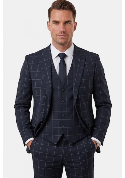 Rizzup Erkek Koyu Lacivert Slim Fit 3 Lü Takım Elbise Yelekli Ekose Desenli Çift Düğme Takım Elbise 2600501