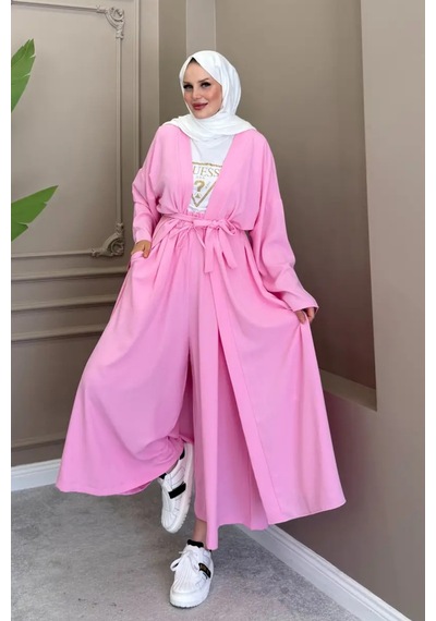 Balenbi Kadın Kuşaklı Kimono Hırka Bol Paça Pantolon Takım Tesettür 2'li Kombin 1230 Pembe Balenbi Kadın Kuşaklı Kimono Hırka Bol Paça Pantolon Takım Tesettür 2'li Kombin 1230 Pembe