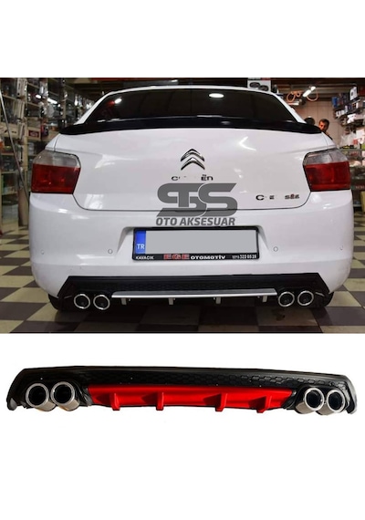 Citroen C-elysee Difüzör Arka Tampon Eki 4 Egzoz Çıkışlı Kırmızı Lüx Tip