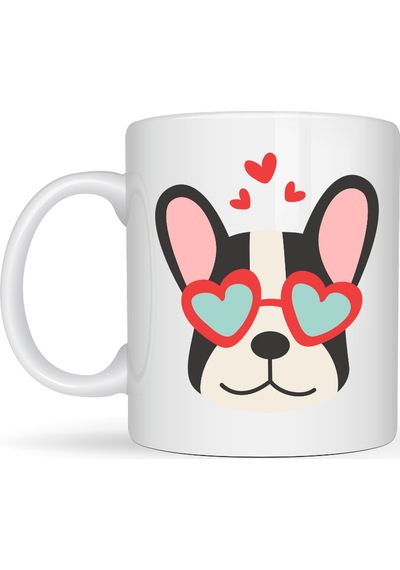 French Bulldog Desenli Kalpli Gözlüklü Porselen Kupa Model 50 Sevimli Köpek Tasarımlı Kahve Kupası Diğer