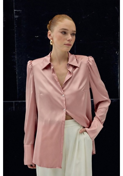 Sateen Vatkalı Saten Gömlek - Pembe-136730 Pembe
