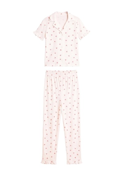 Cottonhill Beyaz Çiçek Desenli Bürümcük Gömlek Yaka Kadın Pijama Takımı